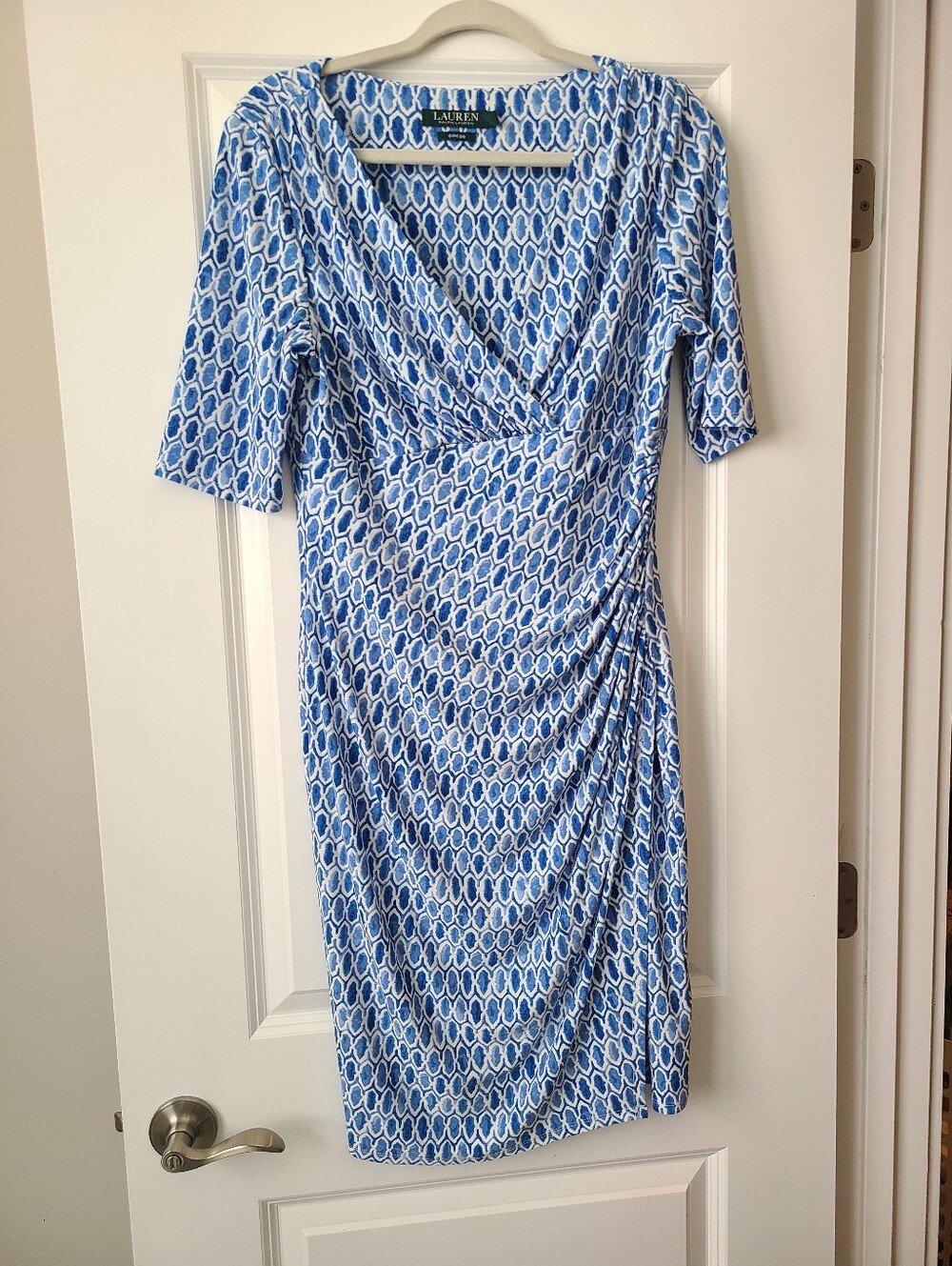 Lauren Ralph Lauren Blue Geometric Print V-neck Faux Wrap Ruched Side Dress